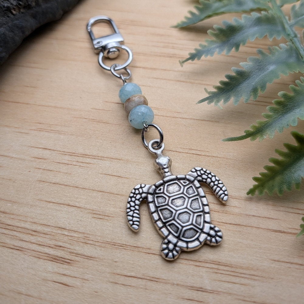 Silver Turtle Keychain / Beaded Beach Bag Charm